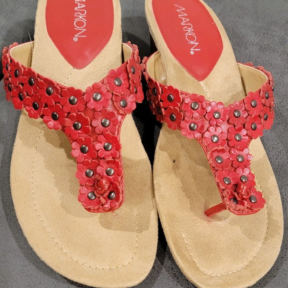 Markon Red Floral Wedge Sandals, Size 8M